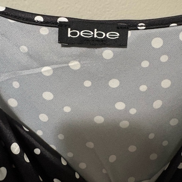 Bebe Black and White Polka Dot Satin Midi Sheath Dress - Picture 4 of 6